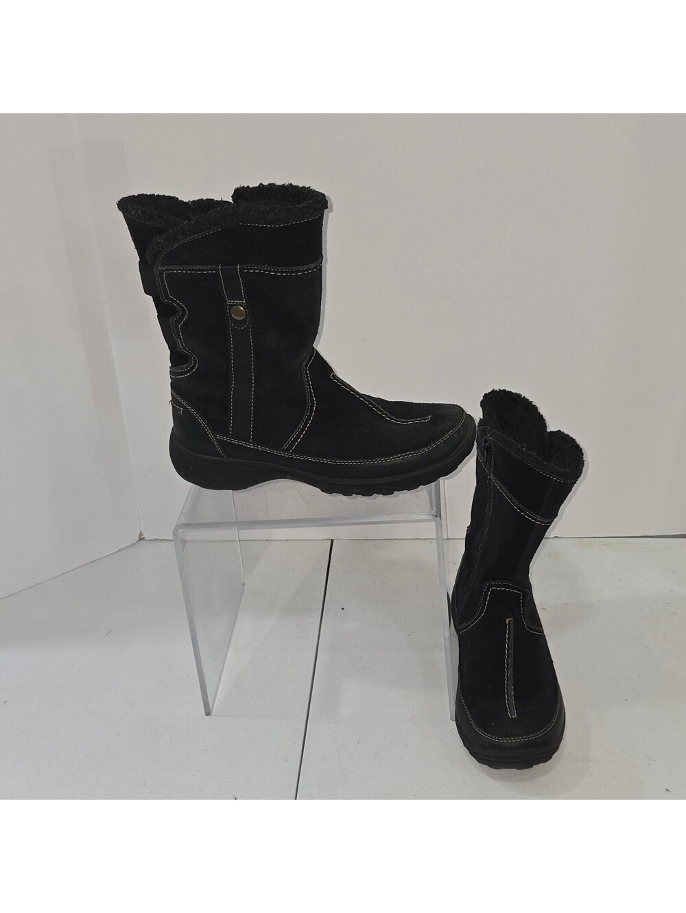 Clarks Women's Black Suede Leather Faux Shearling Mid Calf Boots Zip Size 6.5 M